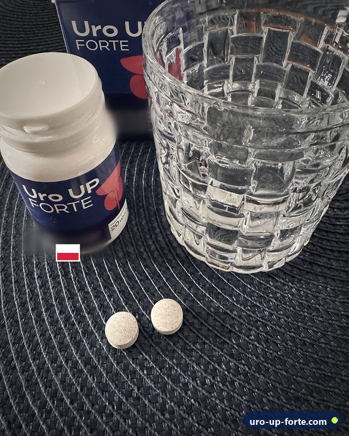 Butelka Uro UP Forte, dwie tabletki i szklanka wody