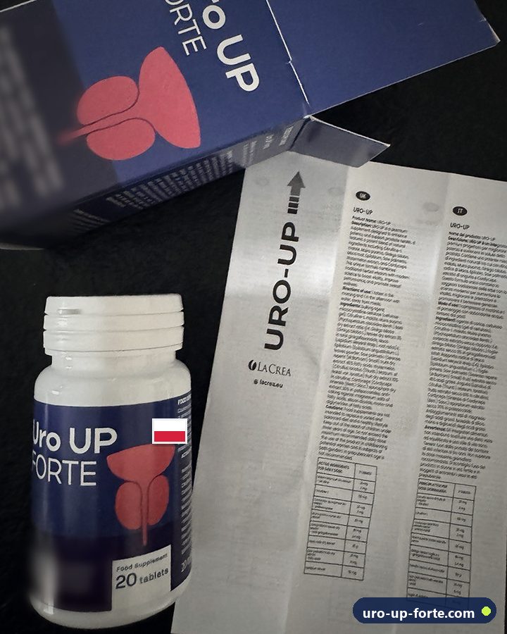 Otwarte pudełko, butelka i ulotka Uro UP Forte